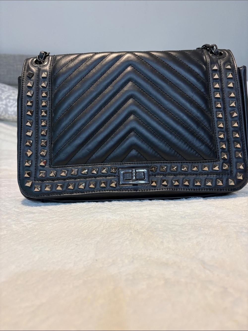 Black leather Studded Quilted Crossbody Bag - Designer